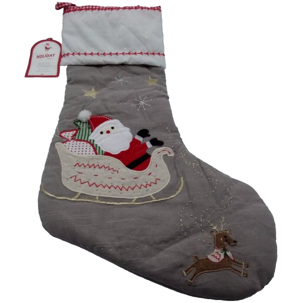 Pottery Barn Kids Christmas Stocking Santa & Sleigh Holiday Quilted Xmas Grey